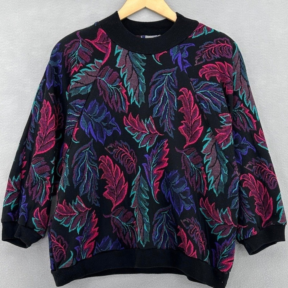 VTG 80s Cape Cod All Over Leaf Print Crewneck Sweatshirt Black Womens M Cosby - Picture 2 of 5